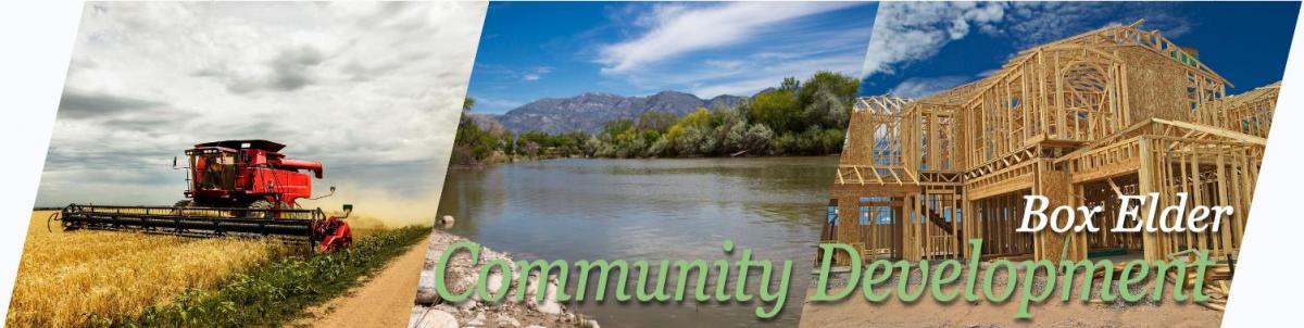 Tri-image of a combine, the Bear River, and a home under construction